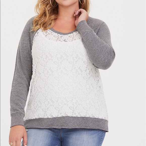 torrid Tops - TORRID Grey & White Crochet Sweatshirt